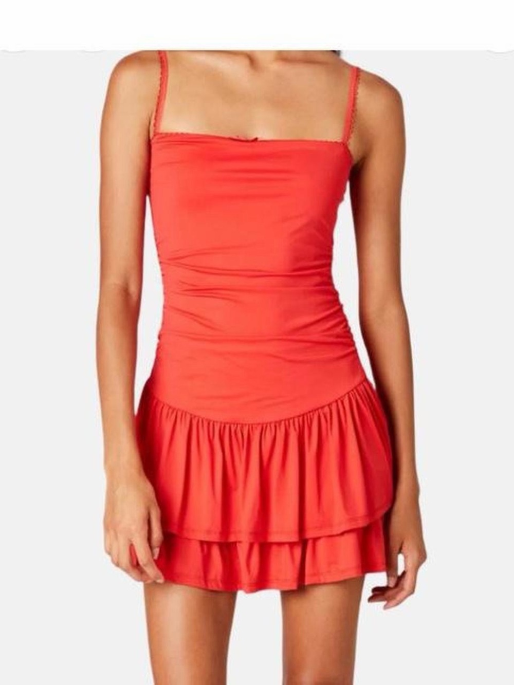 NIA Red Ruched Drop Waist Ruffle Mini Dress Size Small